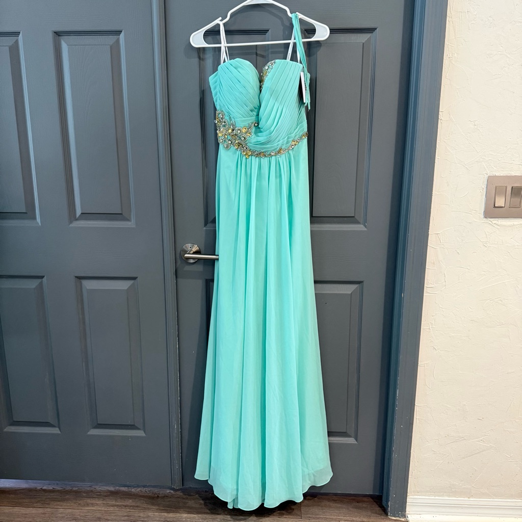 Jovani Mint Green Chiffon Evening Gown With Beaded Waist